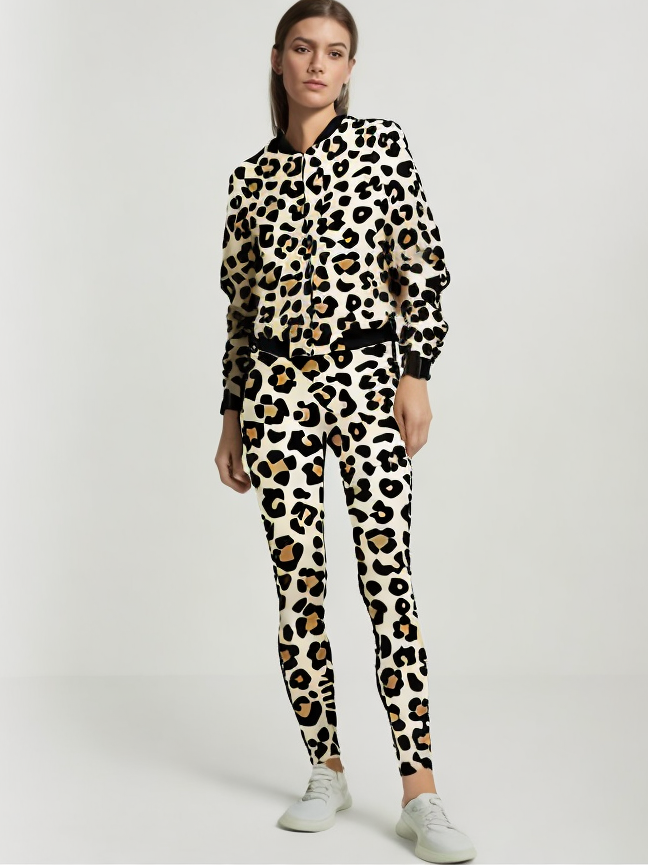 Chic Leopard Print Bomber Jacket With Leggings Brown Co Ord Set