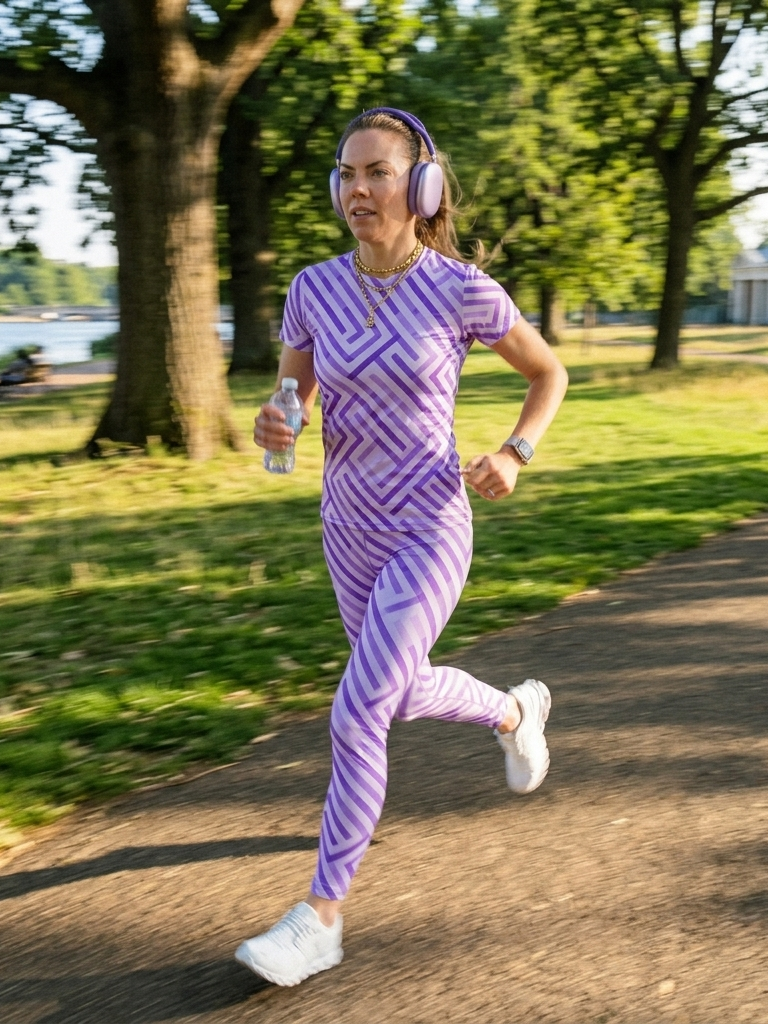 Smart Purple Geometric Print | Activewear Coord Set Tshirt With Tummy Tuck Leggings | Multi Sport | Odour Free
