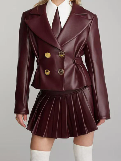 Exclusive PU Leather Blazer With Skirt Co ord Set