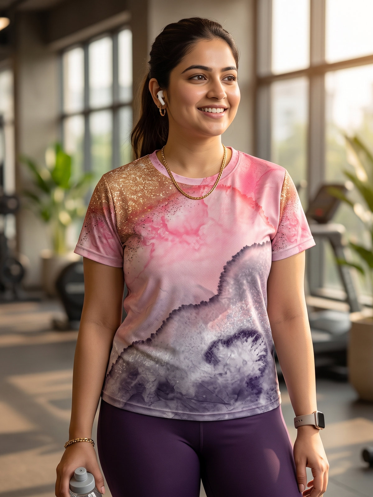 Stunning Fluid Art Print | Activewear Coord Set Tshirt With Tummy Tuck Brown Leggings | Multi Sport | Odour Free