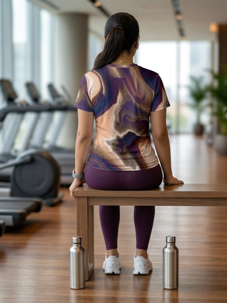 Impressive Fluid Art Print | Activewear Coord Set Tshirt With Tummy Tuck Wine Leggings | Multi Sport | Odour Free