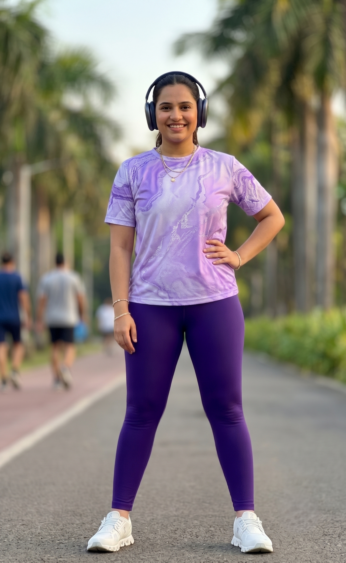 Fresh Fluid Art Print | Activewear Coord Set Tshirt With Tummy Tuck Purple Leggings | Multi Sport | Odour Free