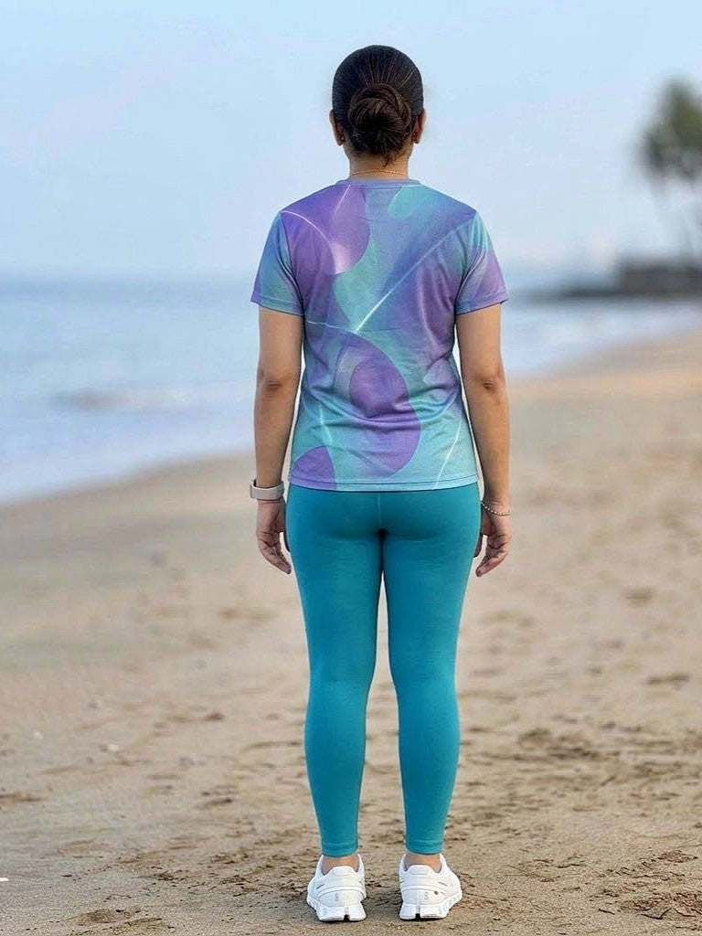 Super Abstract Print | Activewear Coord Set Tshirt With Tummy Tuck Purple Leggings | Multi Sport | Odour Free
