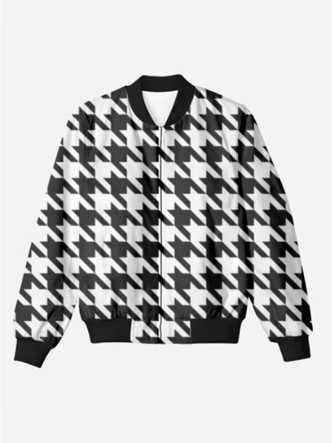Evergreen Houndstooth Print White Bomber Jacket - Main Image