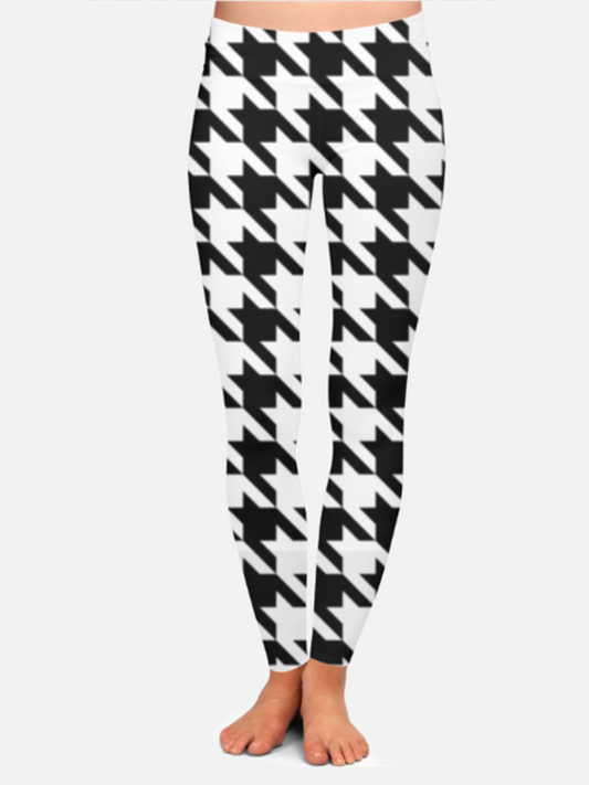Evergreen Houndstooth Print High Waist Body Shaping White Leggings