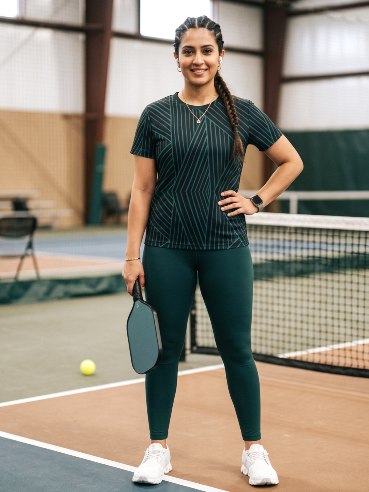 Modish Lines Design Print | Activewear Coord Set Tshirt With Tummy Tuck Green Leggings | Multi Sport | Odour Free