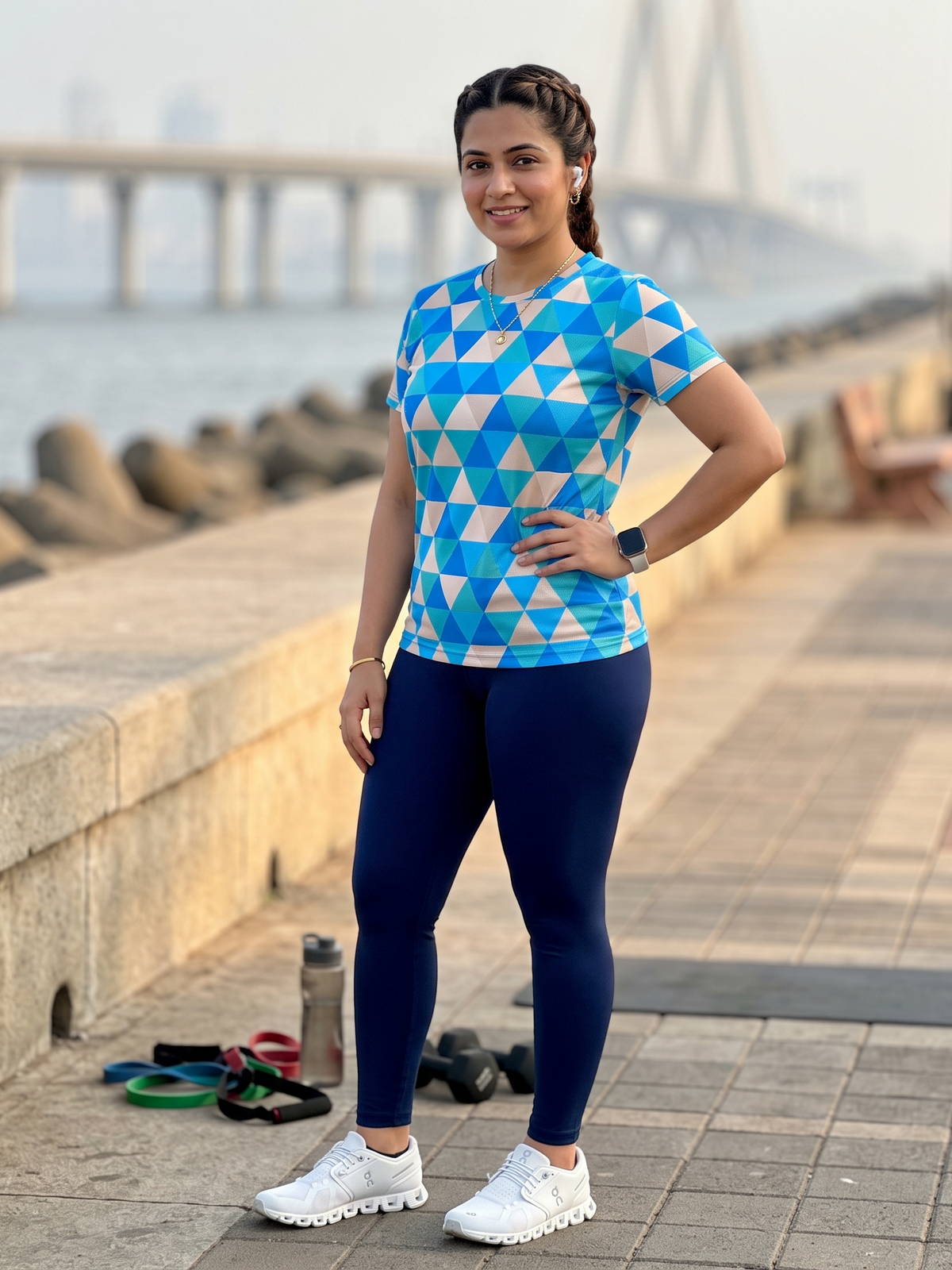 Latest Style Triangular Design Print | Activewear Coord Set Tshirt With Tummy Tuck Blue Leggings | Multi Sport | Odour Free