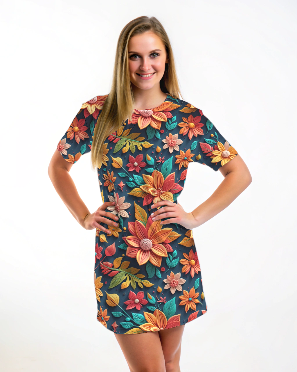 Beautiful Floral Print T Shirt Dress