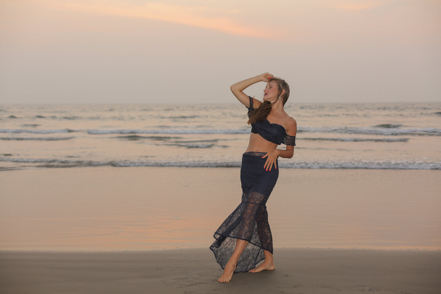 Super Stylish Backless Lace Top With Mermaid Skirt Blue Set