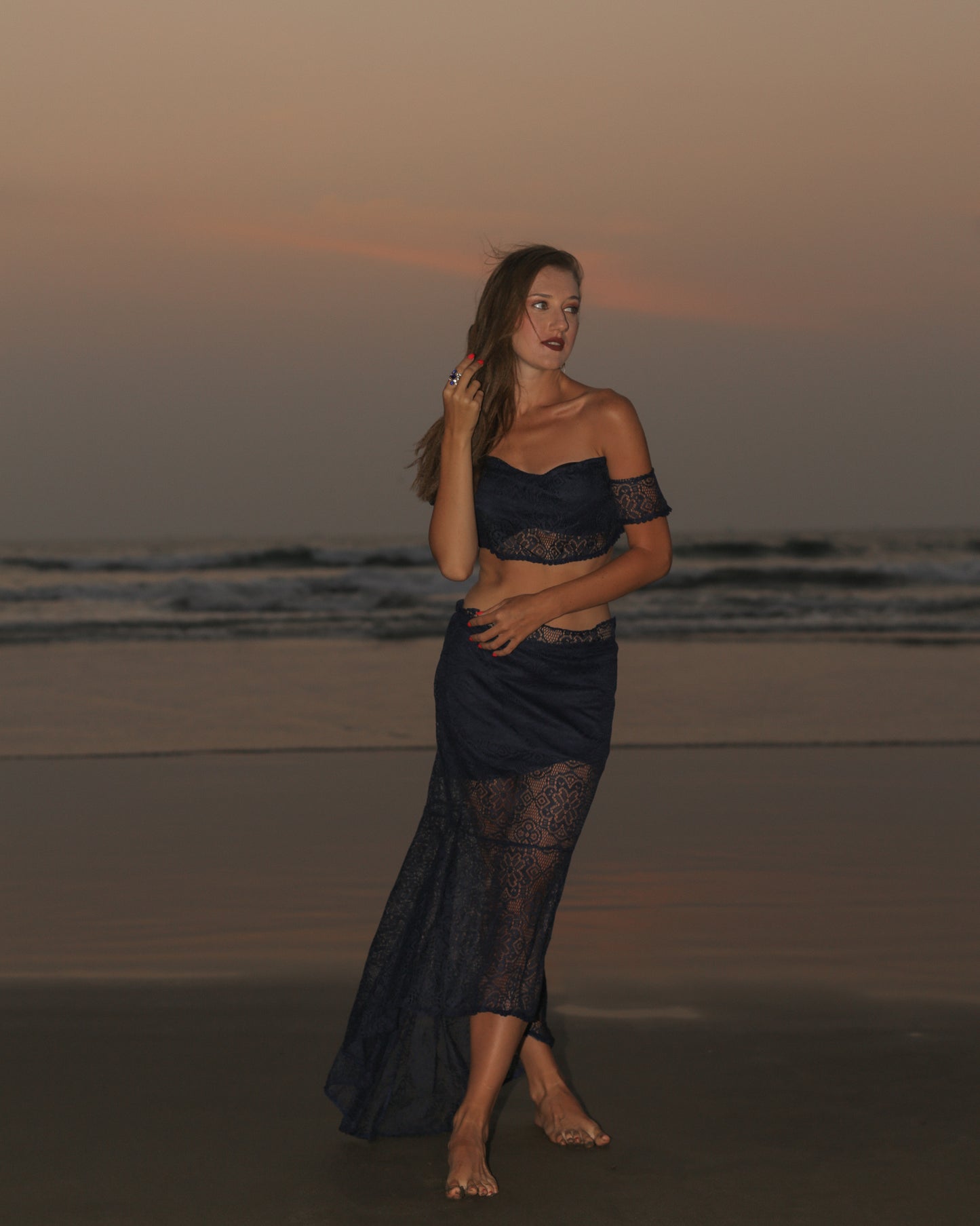 Super Stylish Backless Lace Top With Mermaid Skirt Blue Set