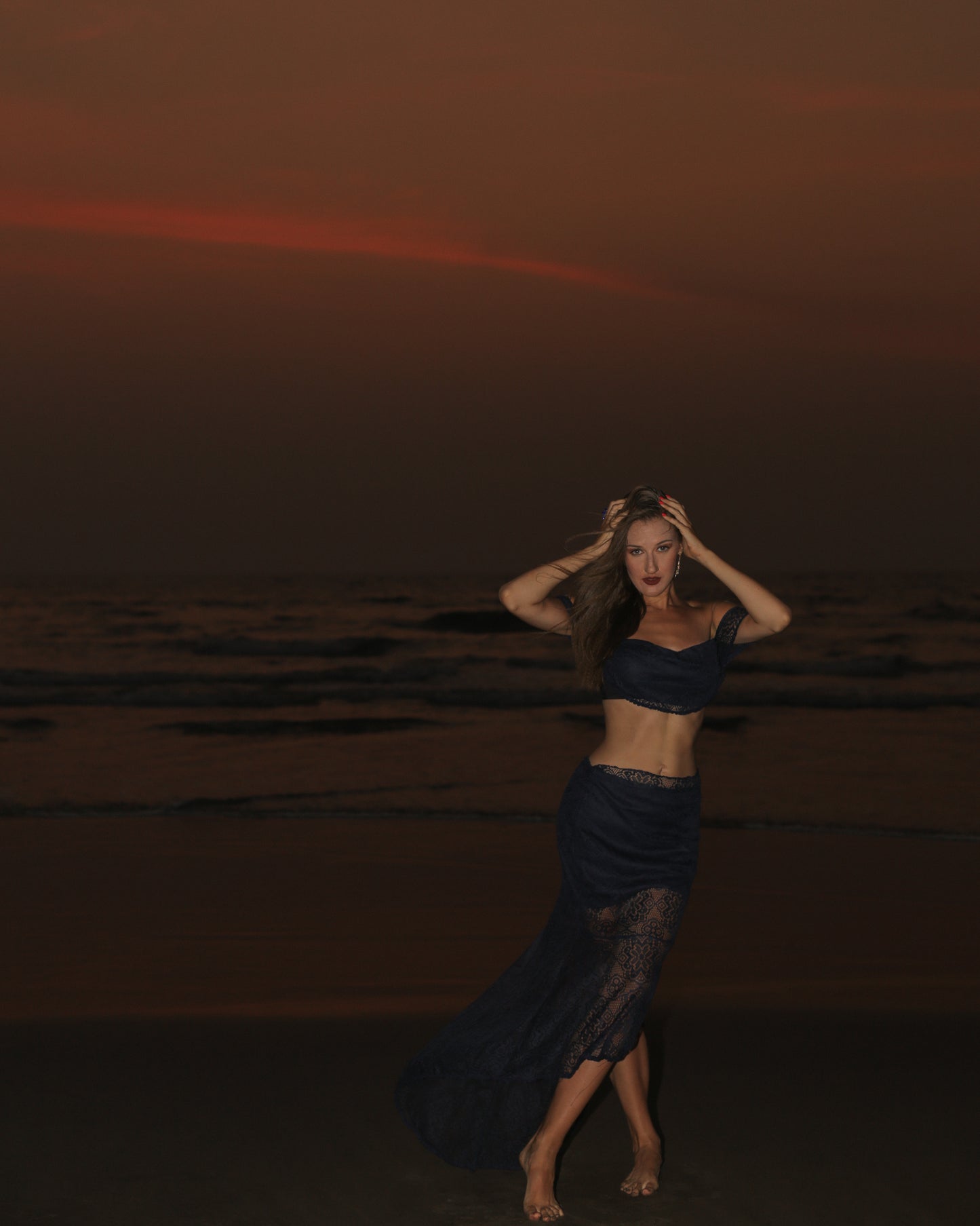 Super Stylish Backless Lace Top With Mermaid Skirt Blue Set