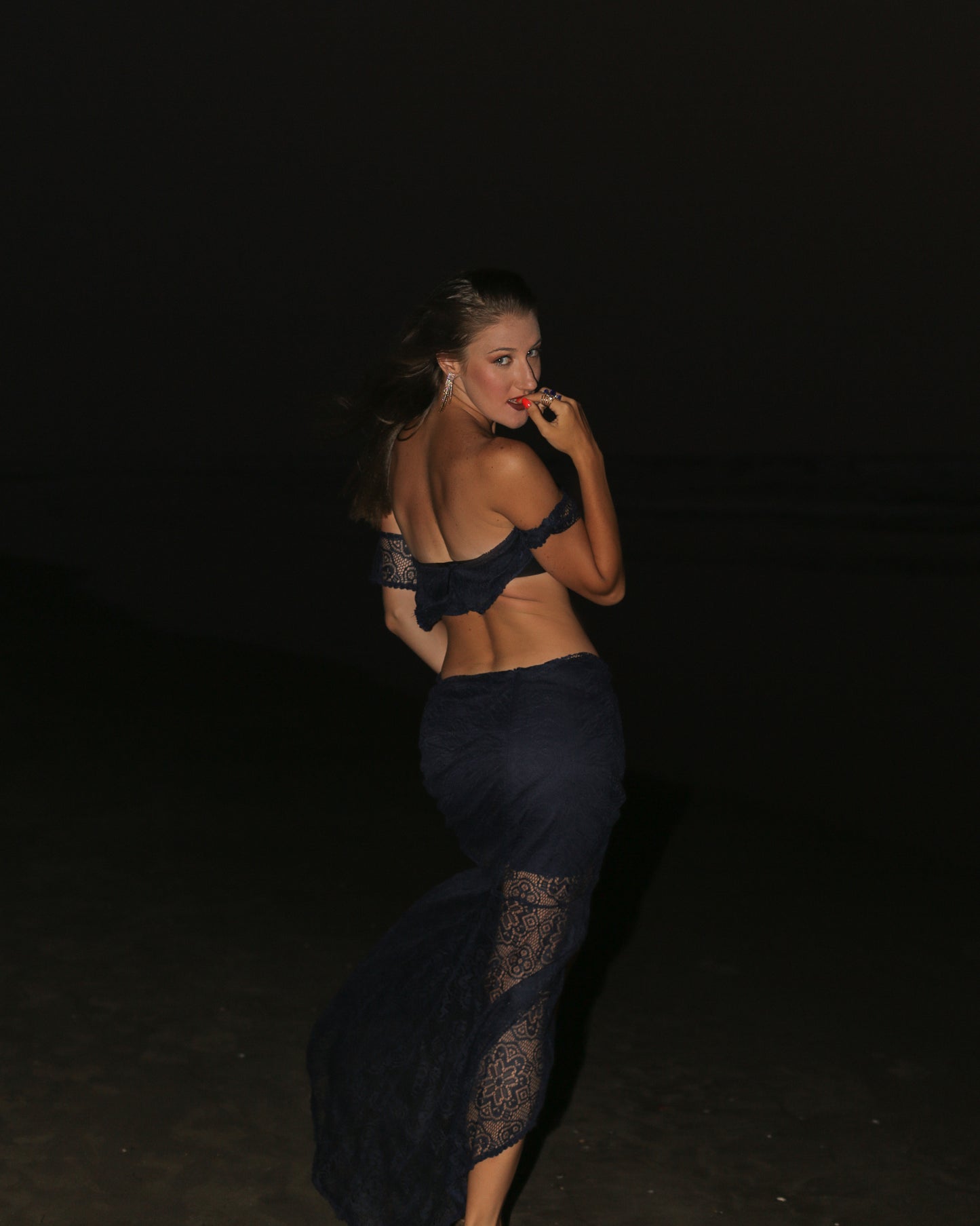 Super Stylish Backless Lace Top With Mermaid Skirt Blue Set