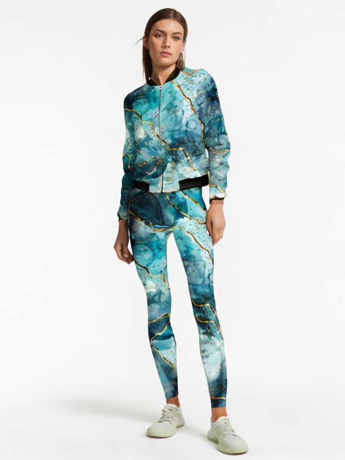 Fashionable Marble Print Bomber Jacket With Leggings Sea Blue Co Ord Set