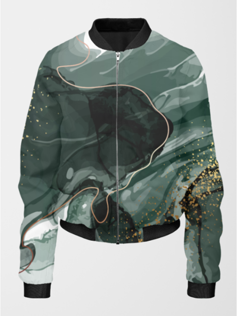 Fashionable Marble Print Bomber Jacket With Leggings Dark Green Co Ord Set.