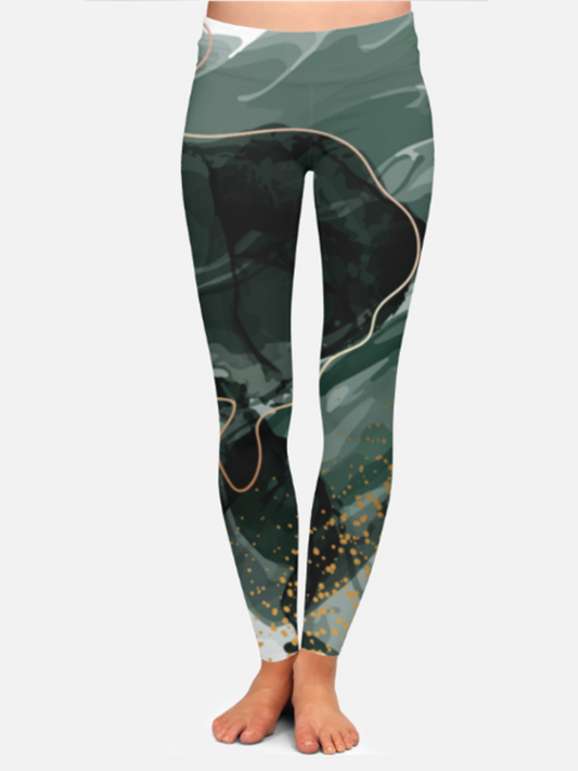 Fashionable Marble Print High Waist Body Shaping Dark Green Leggings