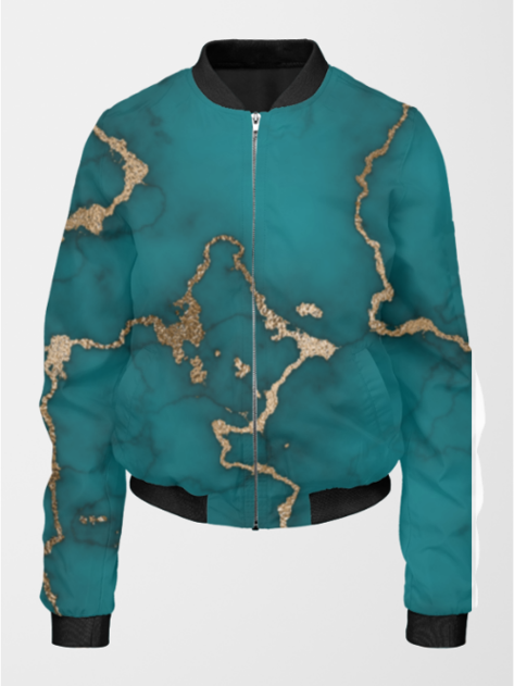 Fashionable Marble Print Sea Green Bomber Jacket