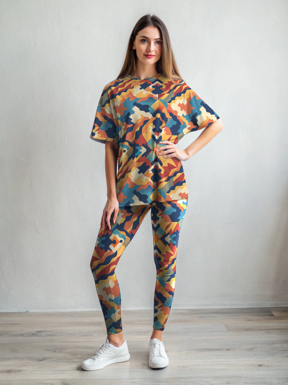 Must Have! Bright Abstract Print Oversized Tee With Tummy Tuck Body Shaping Leggings Co-ord Set