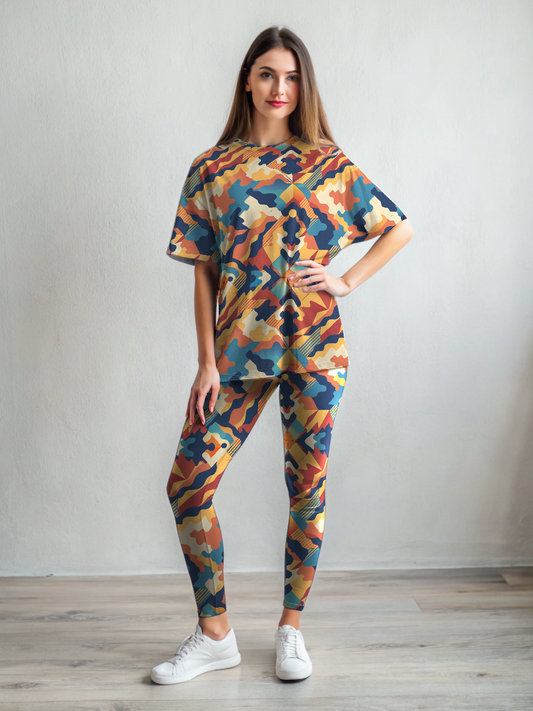 Must Have! Bright Abstract Print Oversized Tee With Tummy Tuck Body Shaping Leggings Co-ord Set