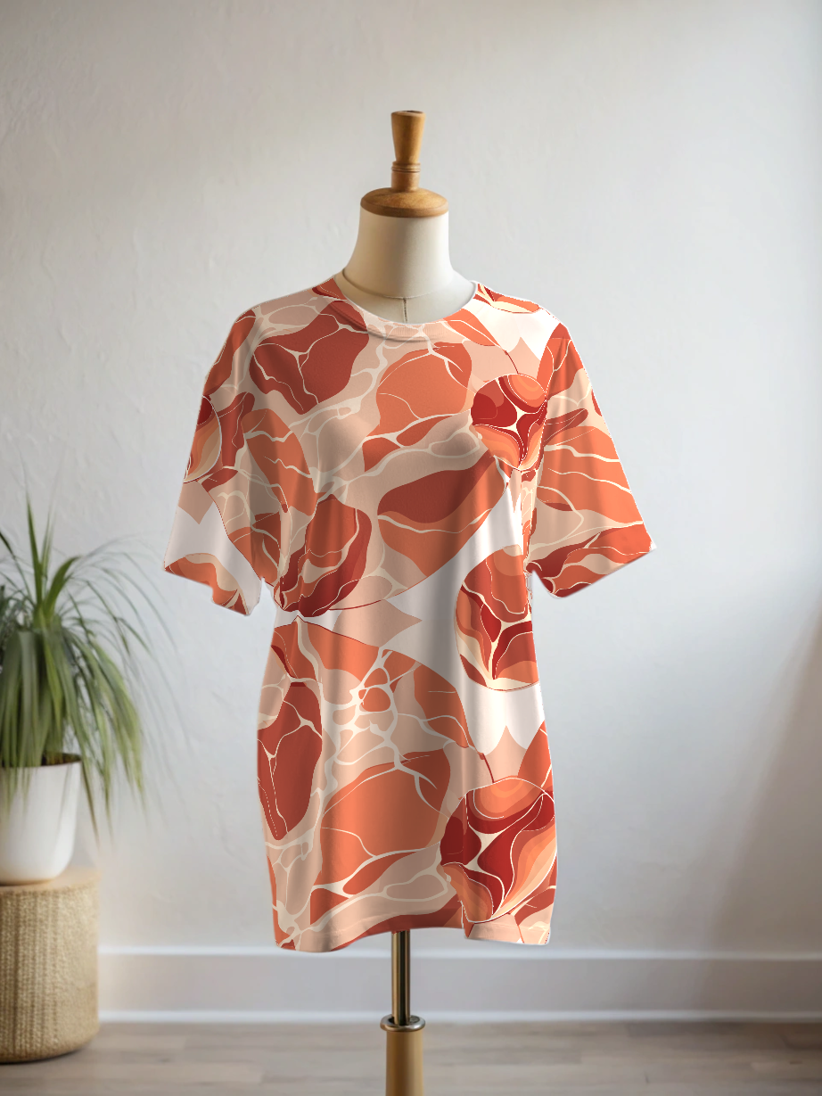 Leisure Wear Orange Abstract Print Oversized Tee With Tummy Tuck Body Shaping Leggings Co-ord Set