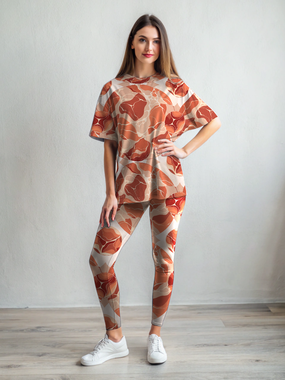 Leisure Wear Orange Abstract Print Oversized Tee With Tummy Tuck Body Shaping Leggings Co-ord Set