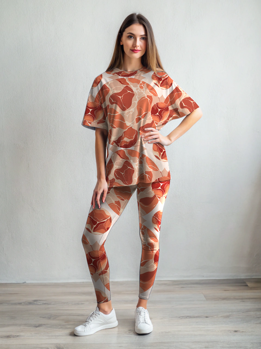 Leisure Wear Orange Abstract Print Oversized Tee With Tummy Tuck Body Shaping Leggings Co-ord Set