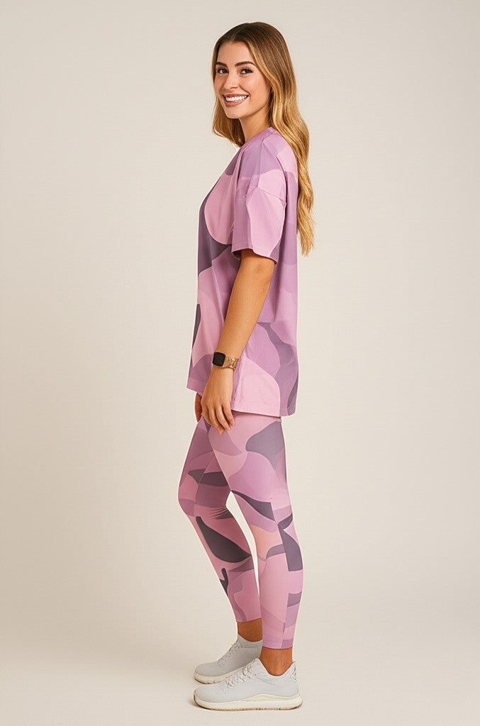 Fashionable Pink Camouflague Print Premium Oversized Tee With Tummy Tuck Body Shaping Leggings Co-ord Set (Copy)