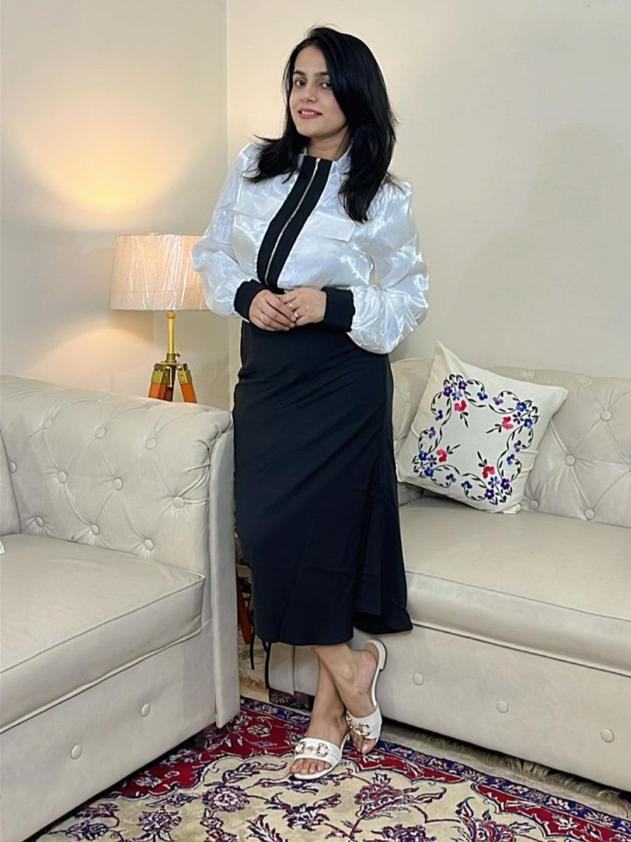 Sharp Look Contrast Zipper Top With High Waist Pencil Skirt Set