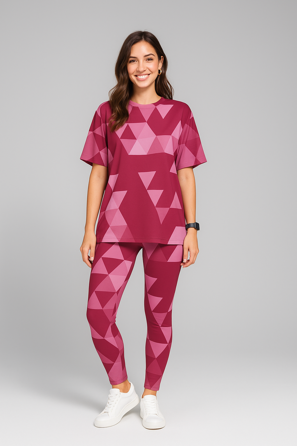 Stylish Asymmetrical Triangle Print Premium Oversized Tee With Tummy Tuck Body Shaping Leggings Pink Co-ord Set