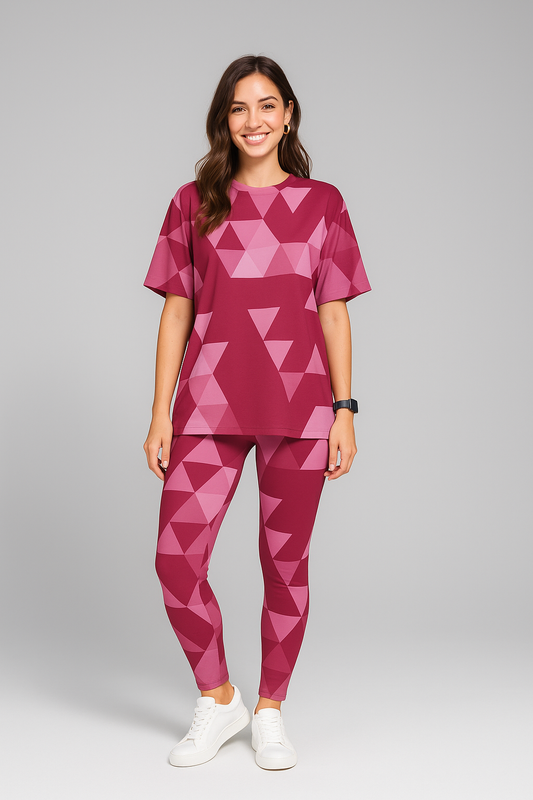 Stylish Asymmetrical Triangle Print Premium Oversized Tee With Tummy Tuck Body Shaping Leggings Pink Co-ord Set