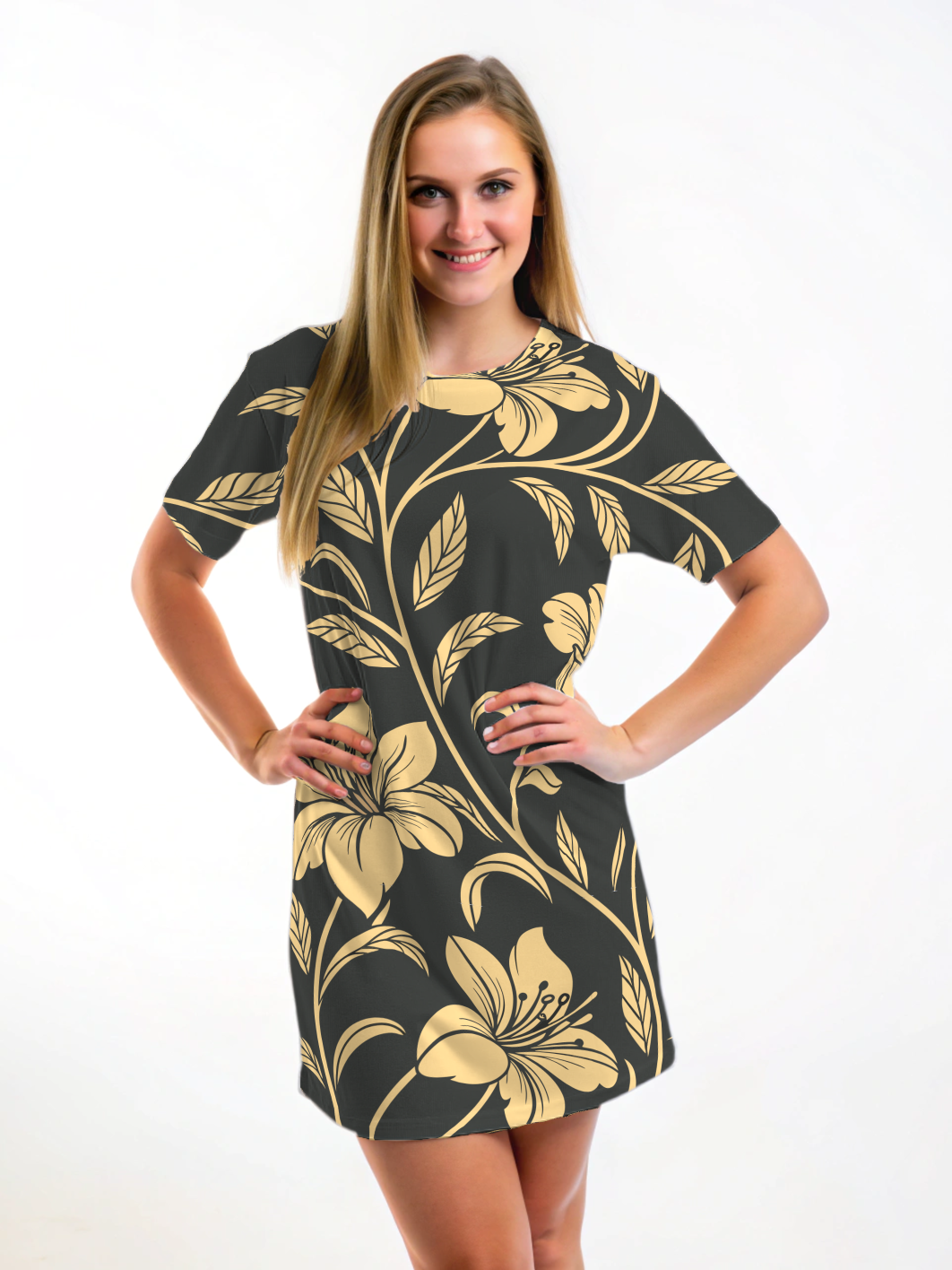 Vintage Black Gold Floral Print T Shirt Dress