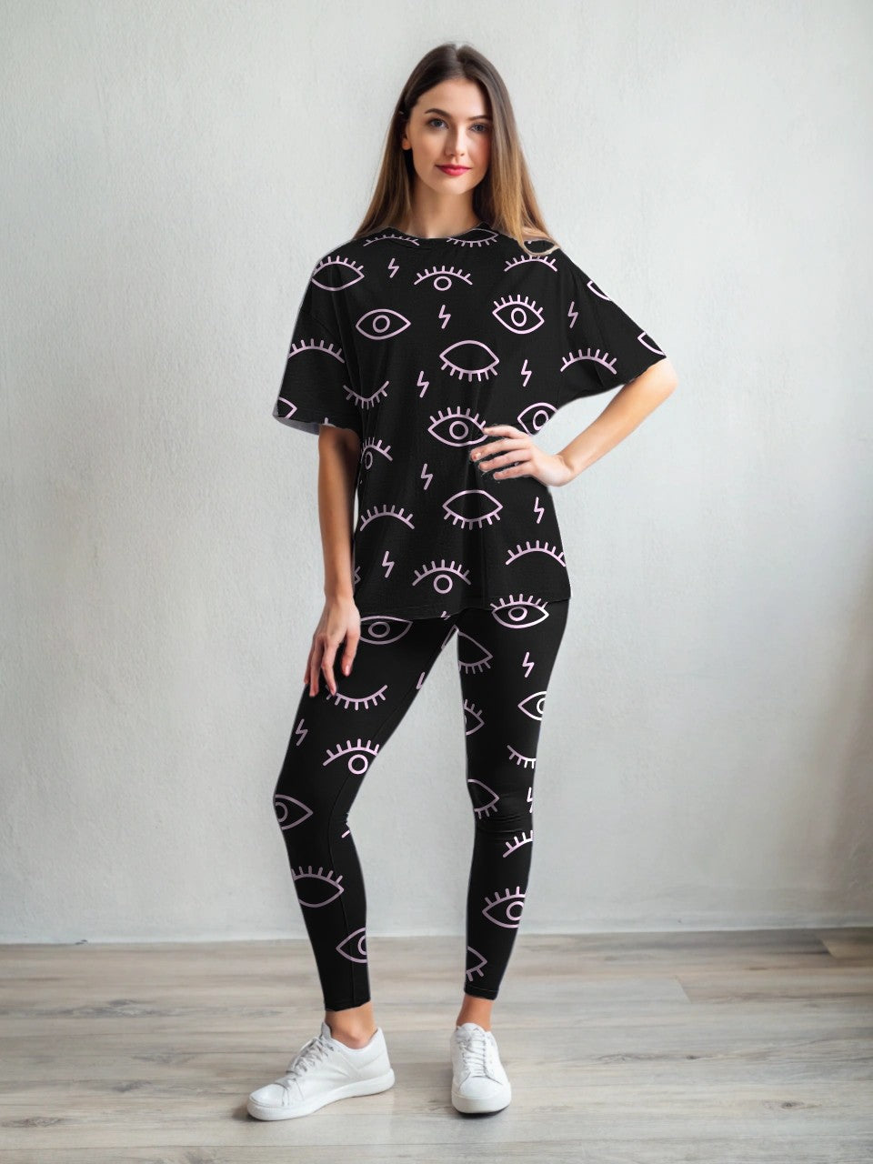 Evil Eye Print Black Premium Oversized Tee With Tummy Tuck Body Shaping Leggings Co-ord Set