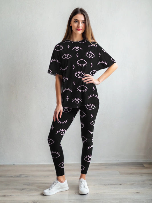 Evil Eye Print Black Premium Oversized Tee With Tummy Tuck Body Shaping Leggings Co-ord Set
