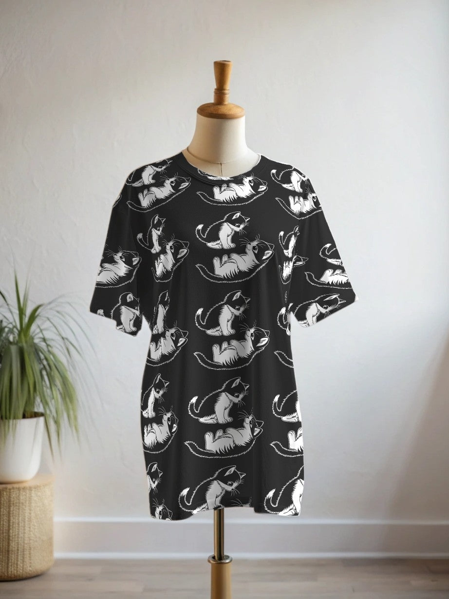 Adorable Cat Couple Print Premium Oversized Tee With Tummy Tuck Body Shaping Leggings Co-ord Set
