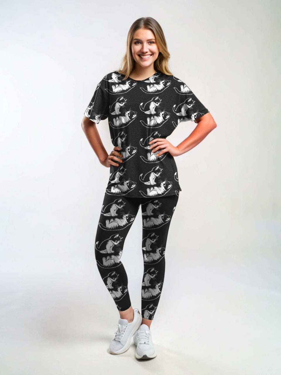 Adorable Cat Couple Print Premium Oversized Tee With Tummy Tuck Body Shaping Leggings Co-ord Set