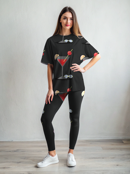 Premium Comfort Wear Martini Print Oversized Tee With Tummy Tuck Body Shaping Leggings Co-ord Set
