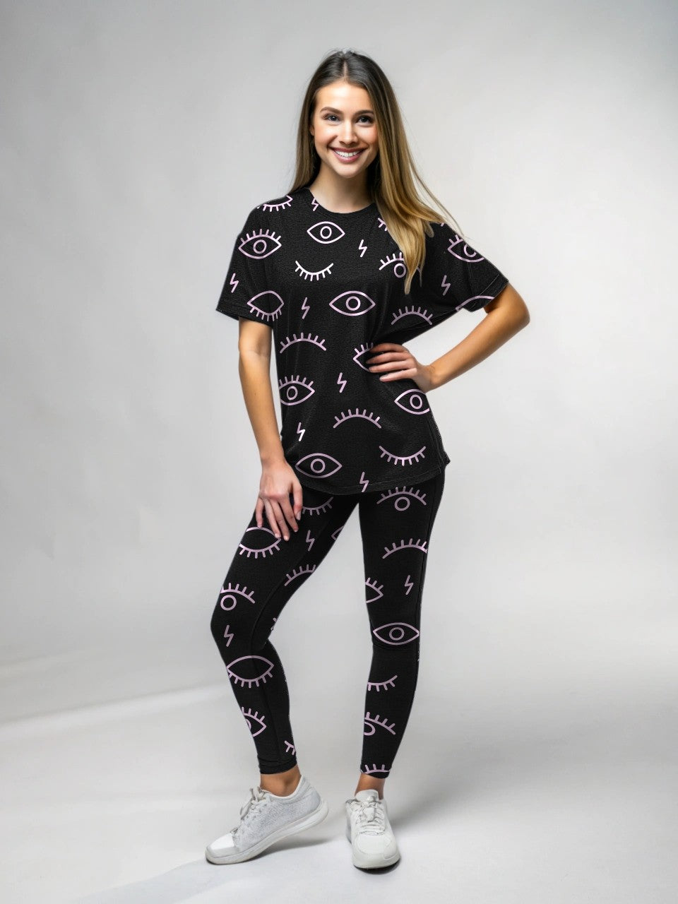 Evil Eye Print Black Premium Oversized Tee With Tummy Tuck Body Shaping Leggings Co-ord Set