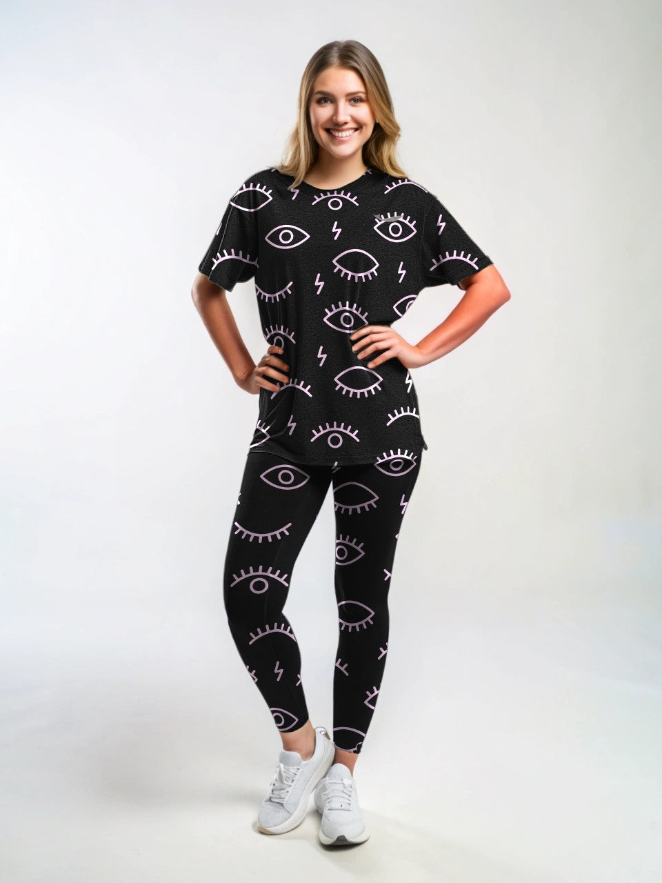 Evil Eye Print Black Premium Oversized Tee With Tummy Tuck Body Shaping Leggings Co-ord Set