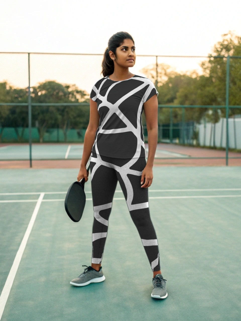 Pickleball | Paddleball | Activewear Coord Set Tshirt With Tummy Tuck Leggings | Black Web Print
