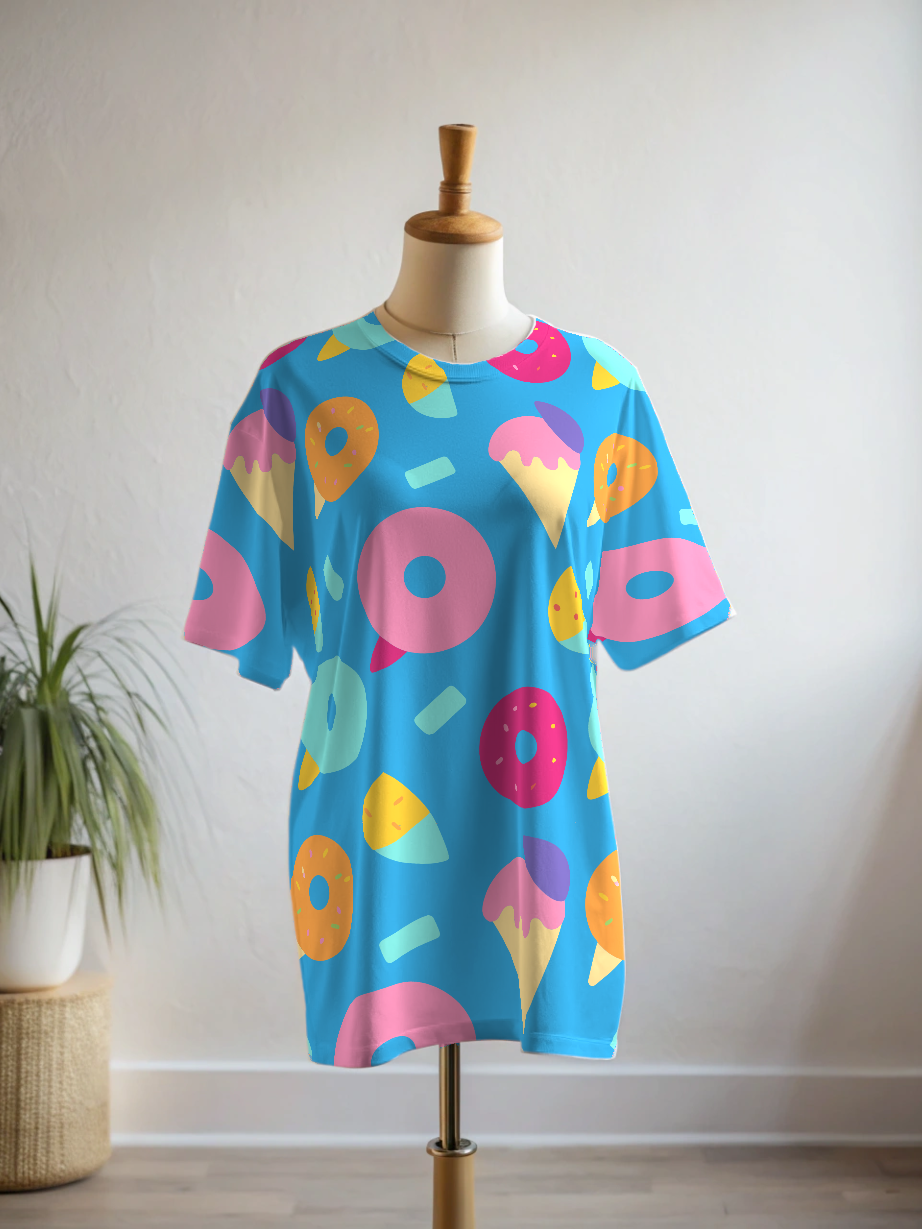 Yummy Donuts Ice-cream Print Premium Oversized Tee With Tummy Tuck Body Shaping Leggings Co-ord Set