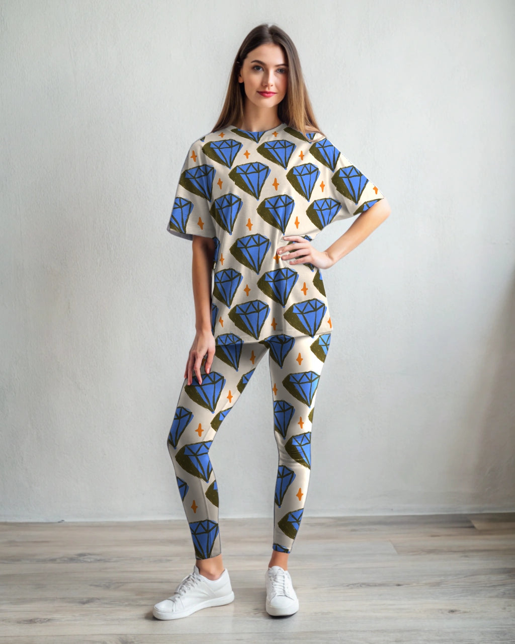 Girls Bestie! Diamond Print Premium Oversized Tee With Tummy Tuck Body Shaping Leggings Co-ord Set
