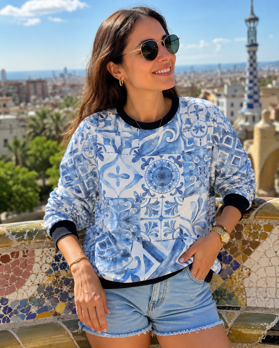 Classy Mosaic Print Blue Sweatshirt