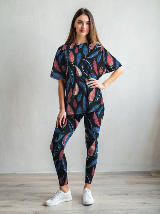 Serene Feather Print Premium Oversized Tee With Tummy Tuck Body Shaping Leggings Co-ord Set