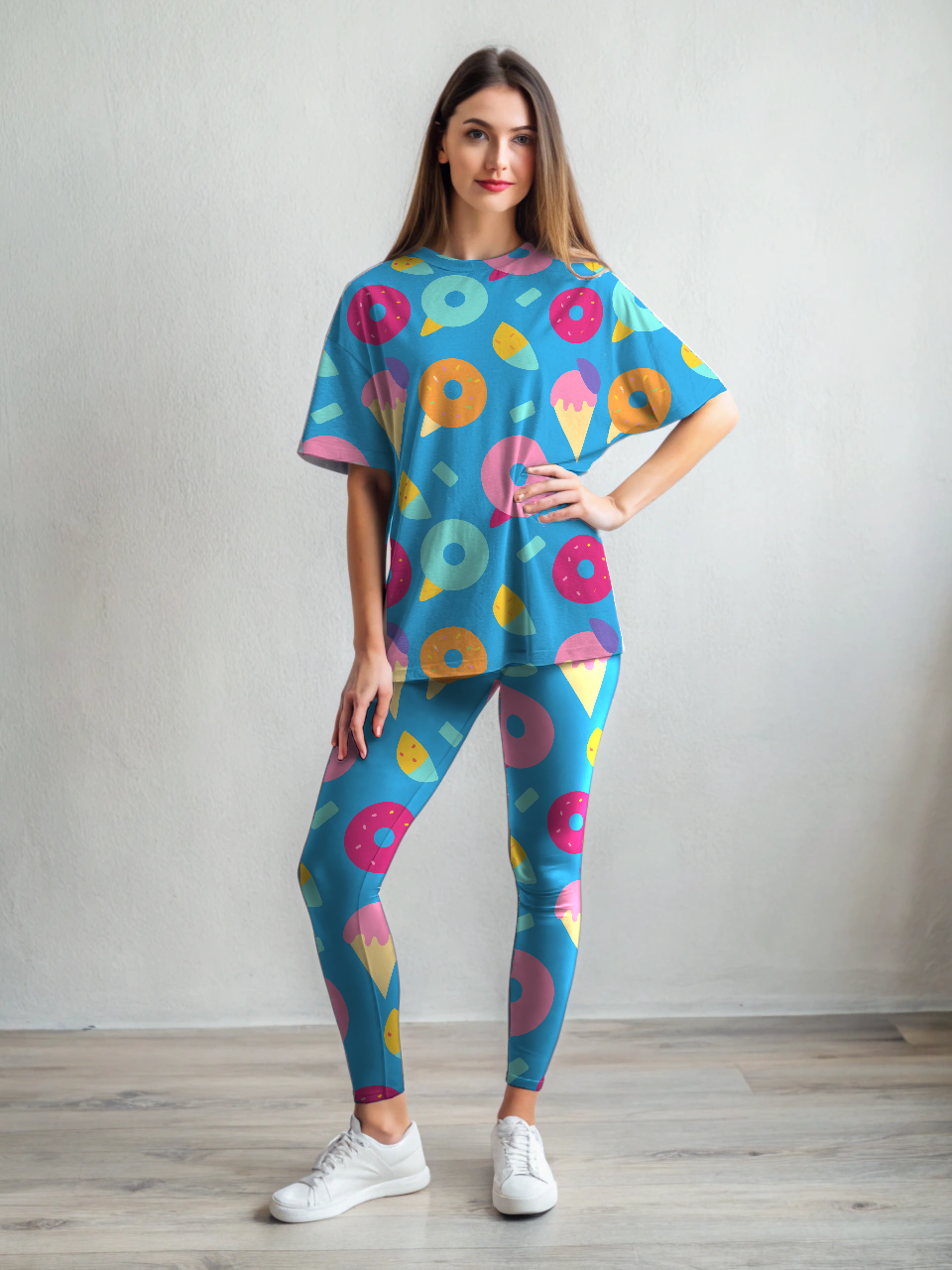 Yummy Donuts Ice-cream Print Premium Oversized Tee With Tummy Tuck Body Shaping Leggings Co-ord Set