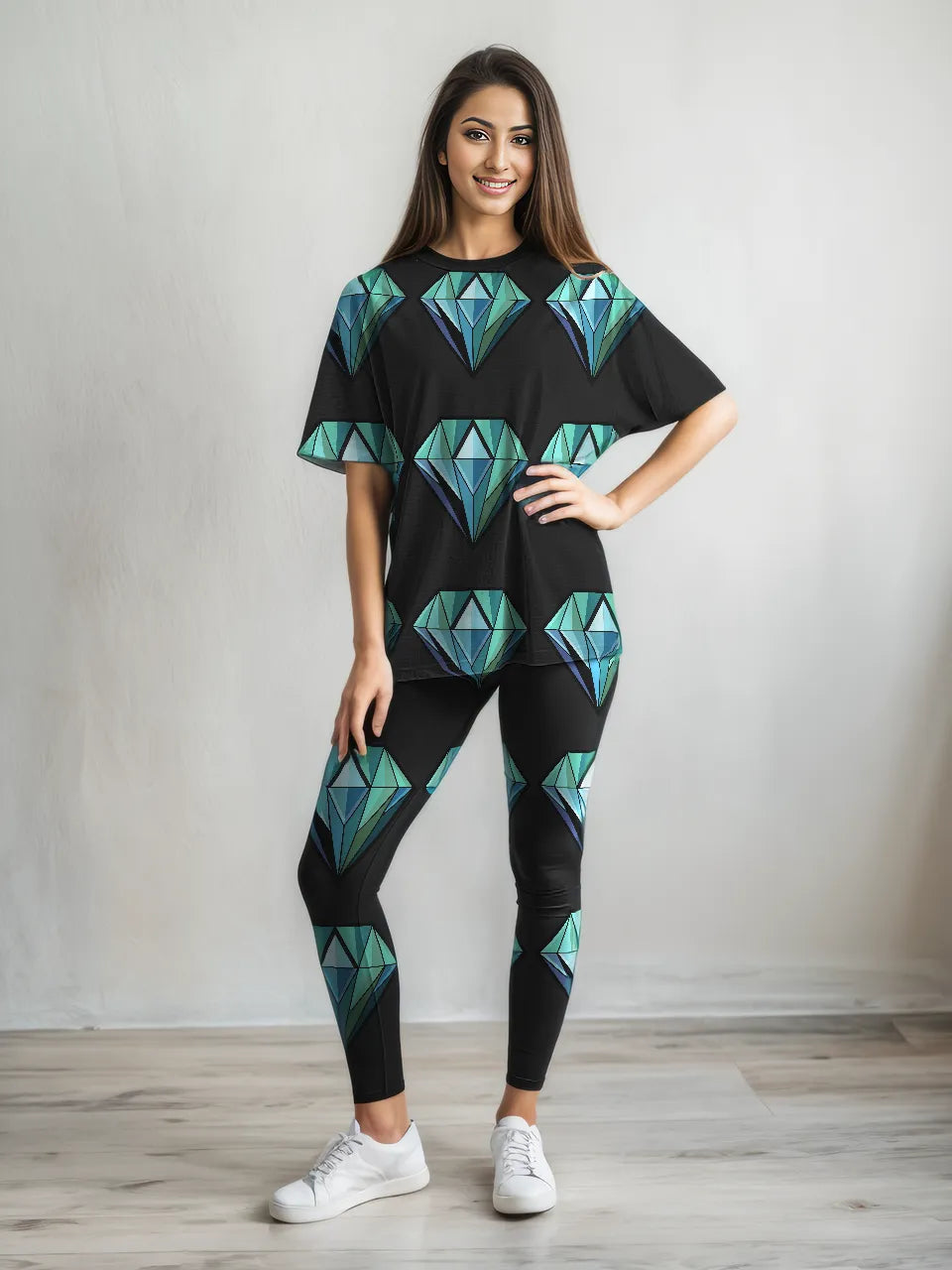 Athleisure Diamond Print Oversized Tee With Tummy Tuck Body Shaping Leggings Co-ord Set