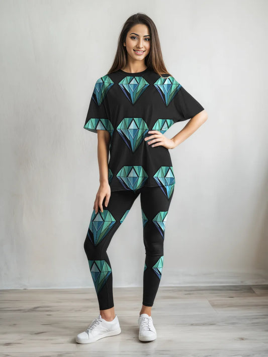 Athleisure Diamond Print Oversized Tee With Tummy Tuck Body Shaping Leggings Co-ord Set