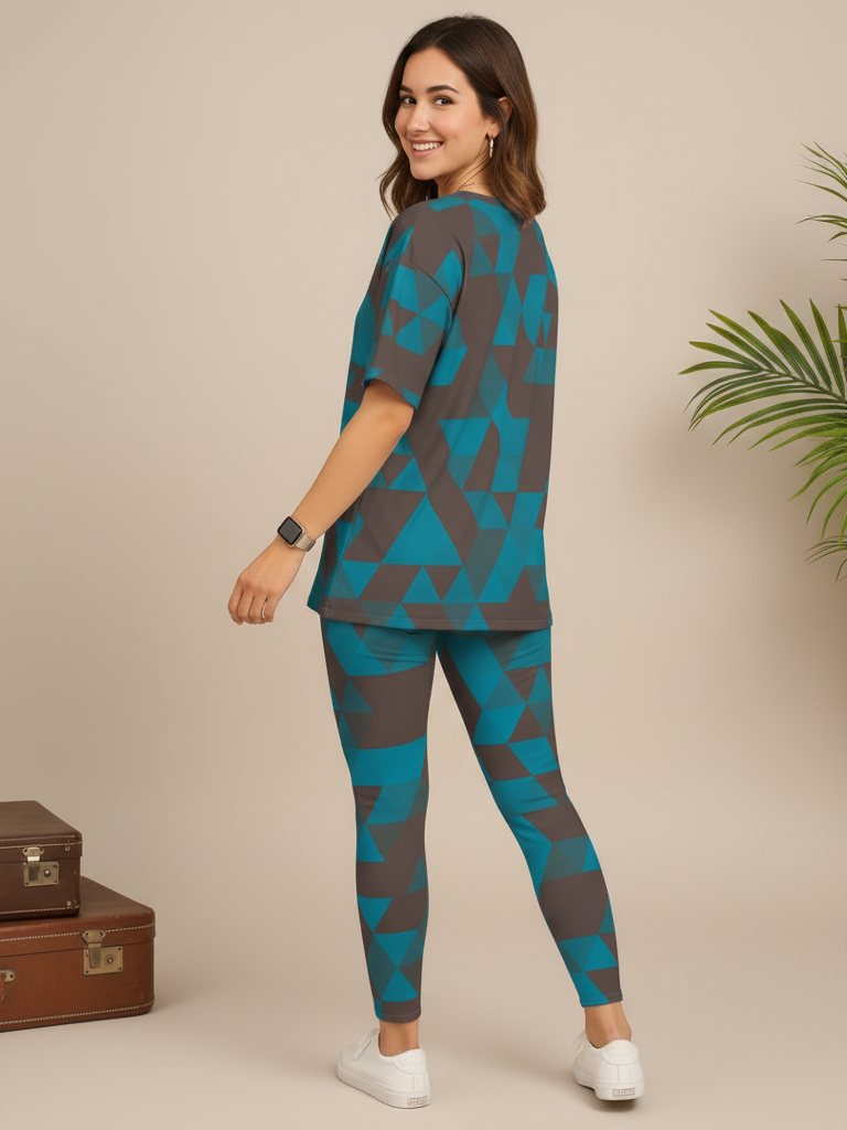 Alluring Geometric Print Premium Oversized Tee With Tummy Tuck Body Shaping Leggings Co-ord Set
