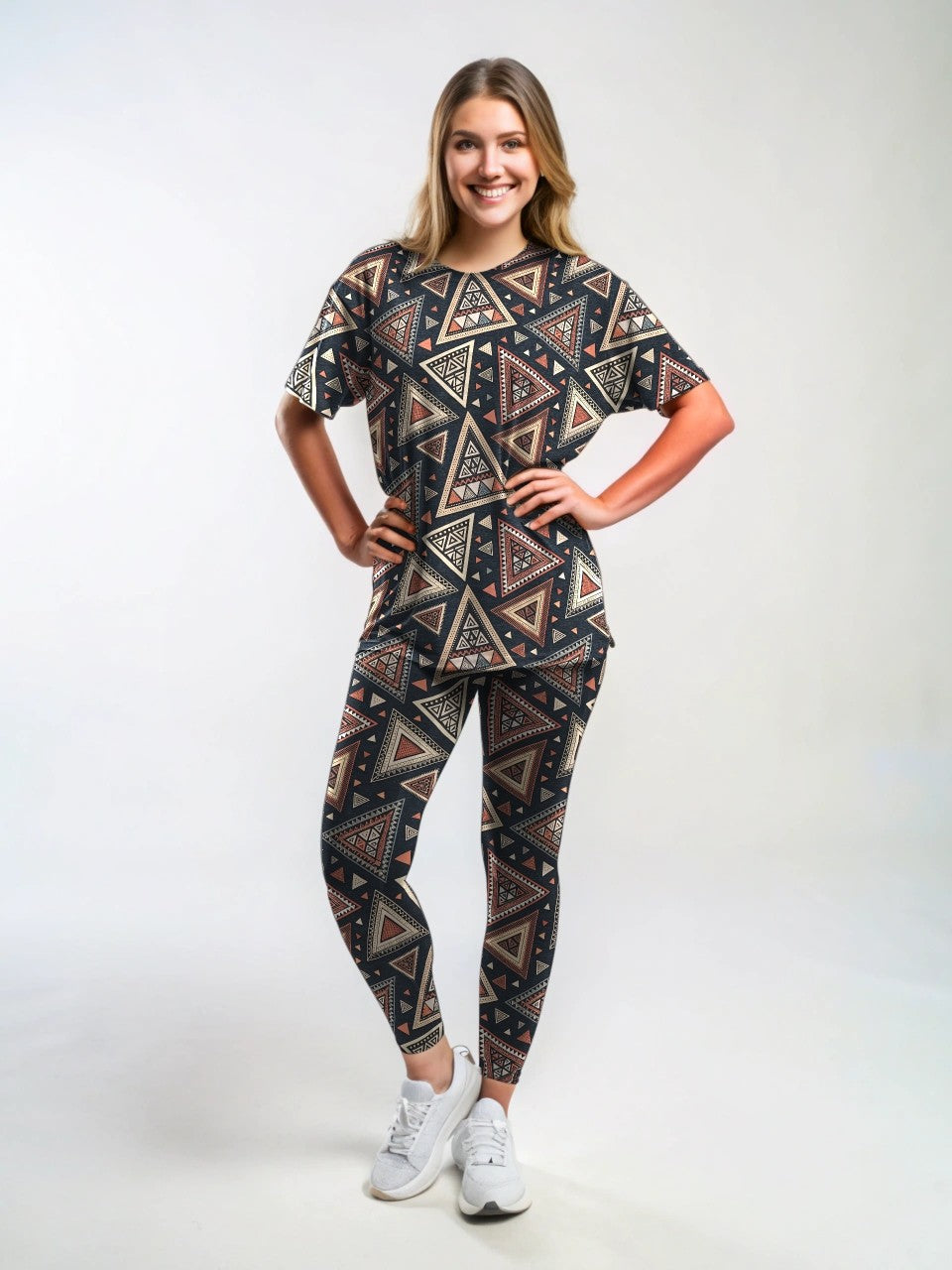 Attractive Egyptian Brown Print Premium Oversized Tee With Tummy Tuck Body Shaping Leggings Co-ord Set