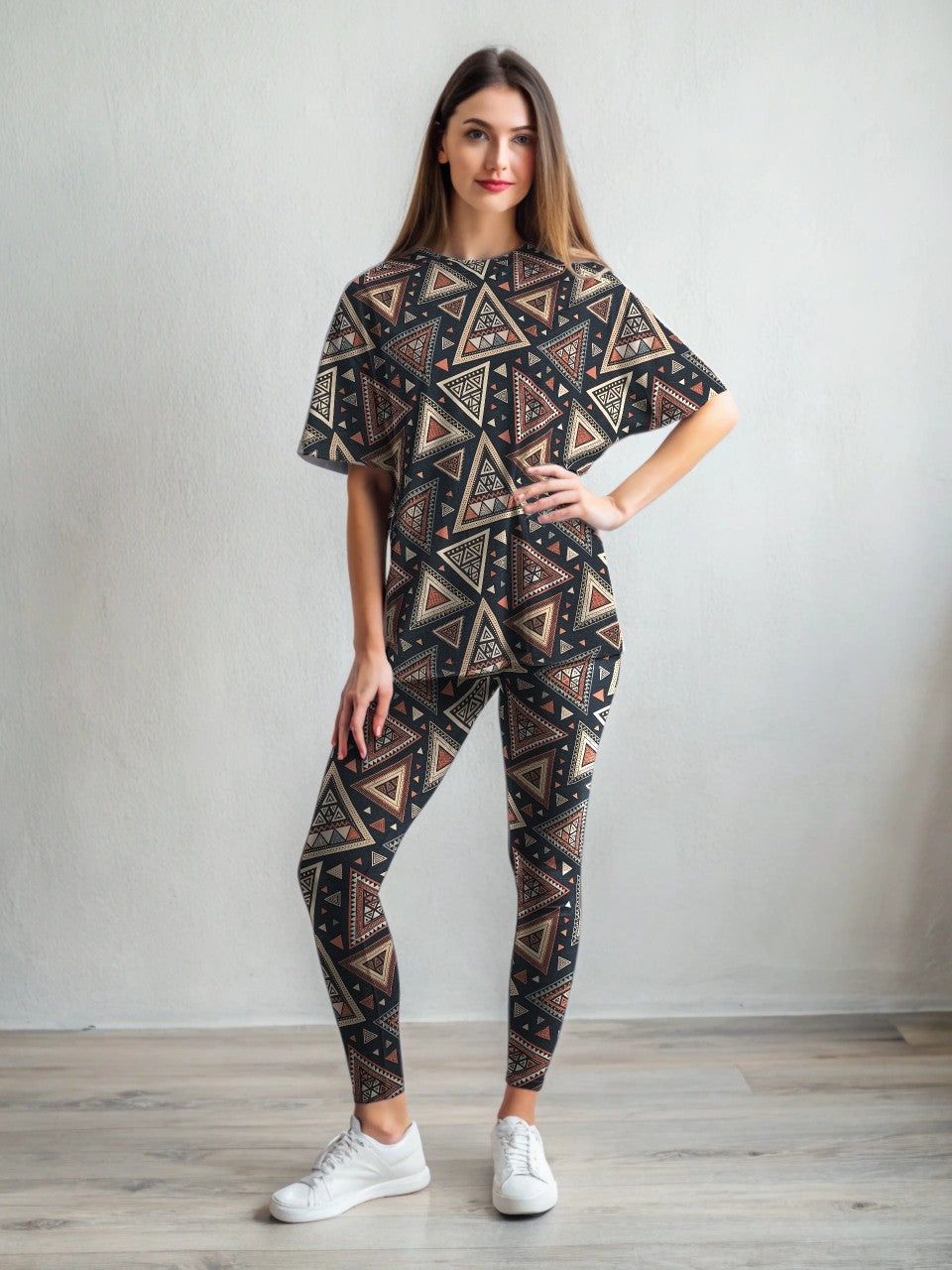 Attractive Egyptian Brown Print Premium Oversized Tee With Tummy Tuck Body Shaping Leggings Co-ord Set