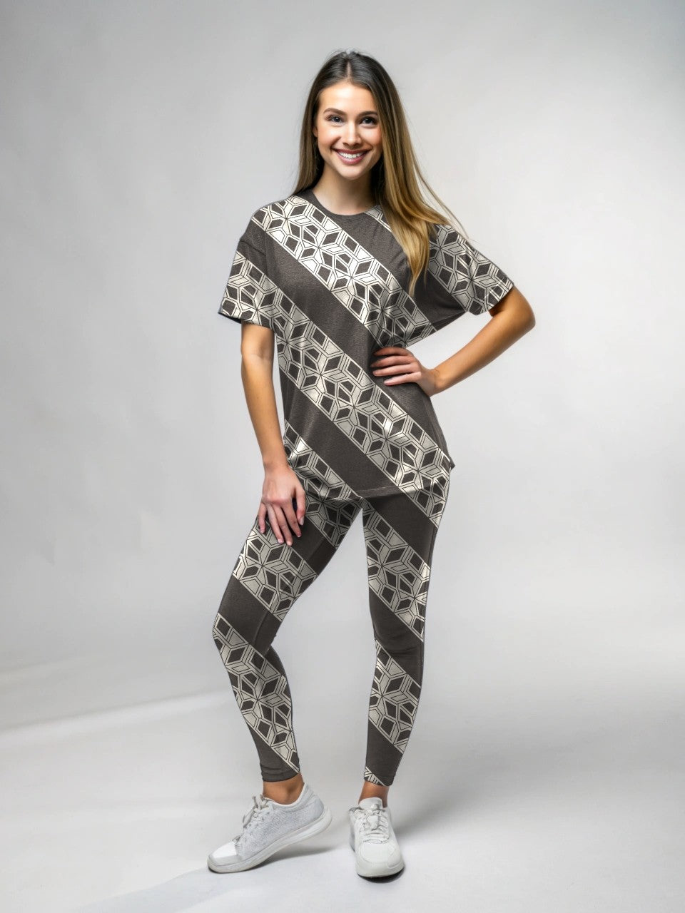 Classy Diagonal Print Premium Oversized Tee With Tummy Tuck Body Shaping Leggings Co-ord Set