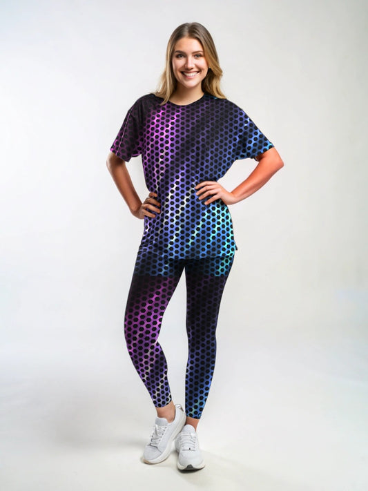 Sporty Aurora Inspired Print Premium Oversized Tee With Tummy Tuck Body Shaping Leggings Co-ord Set